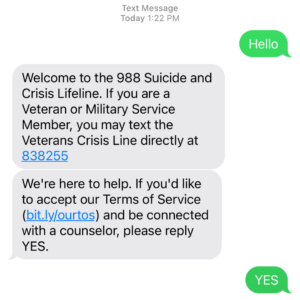 988 Suicide Prevention Lifeline text message Speaks 2 Inspire Graphic